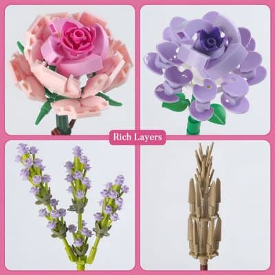 Pink and purple flower-shaped building blocks with layered petals and green stems, designed for creative and educational play. Ideal for constructing realistic-looking flowers with rich layers and vibrant colors.