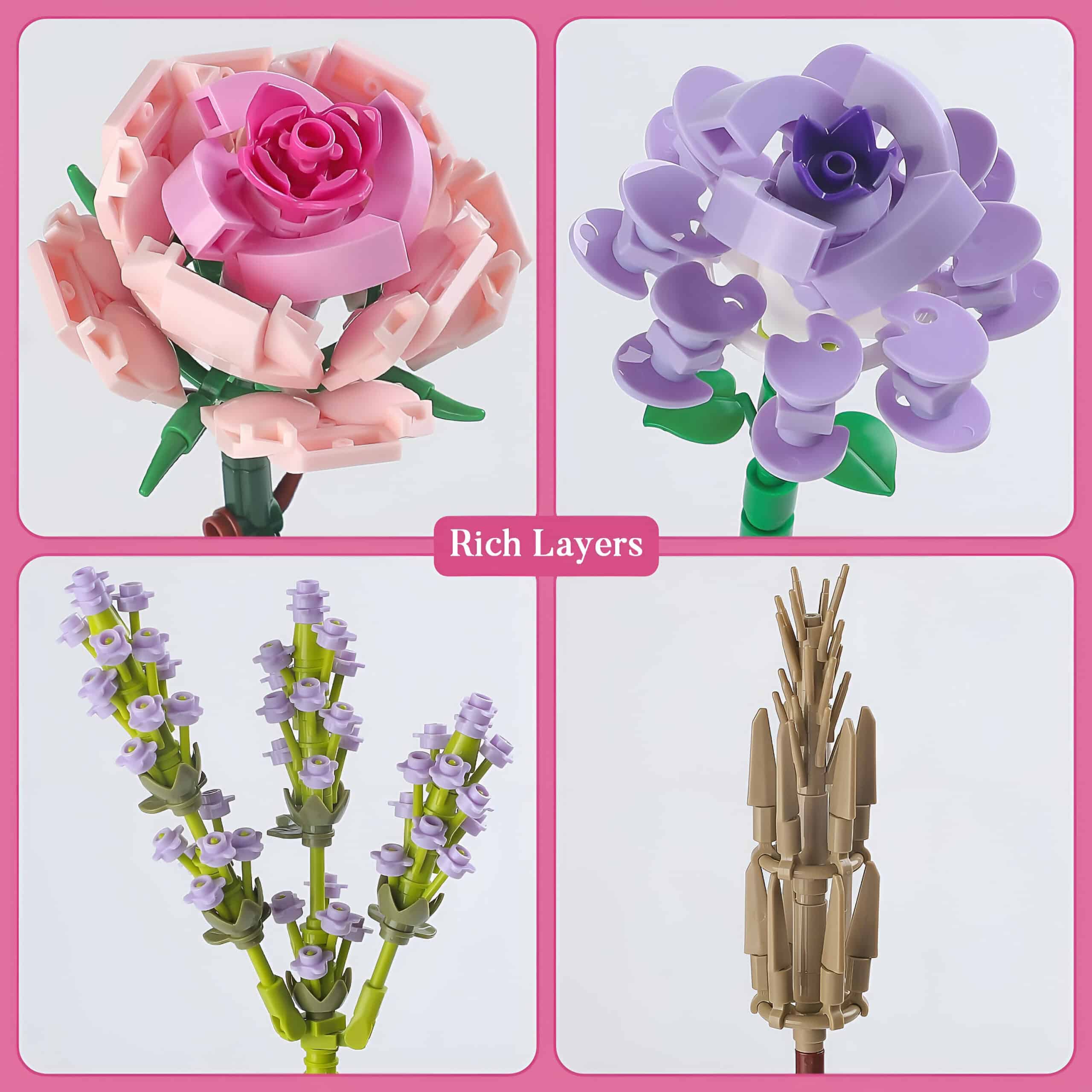 Pink and purple flower-shaped building blocks with layered petals and green stems, designed for creative and educational play. Ideal for constructing realistic-looking flowers with rich layers and vibrant colors.