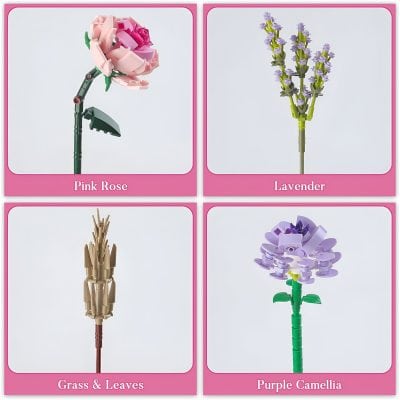 Pink flower made of LEGO bricks, artistic and colorful, suitable for floral-themed decor.