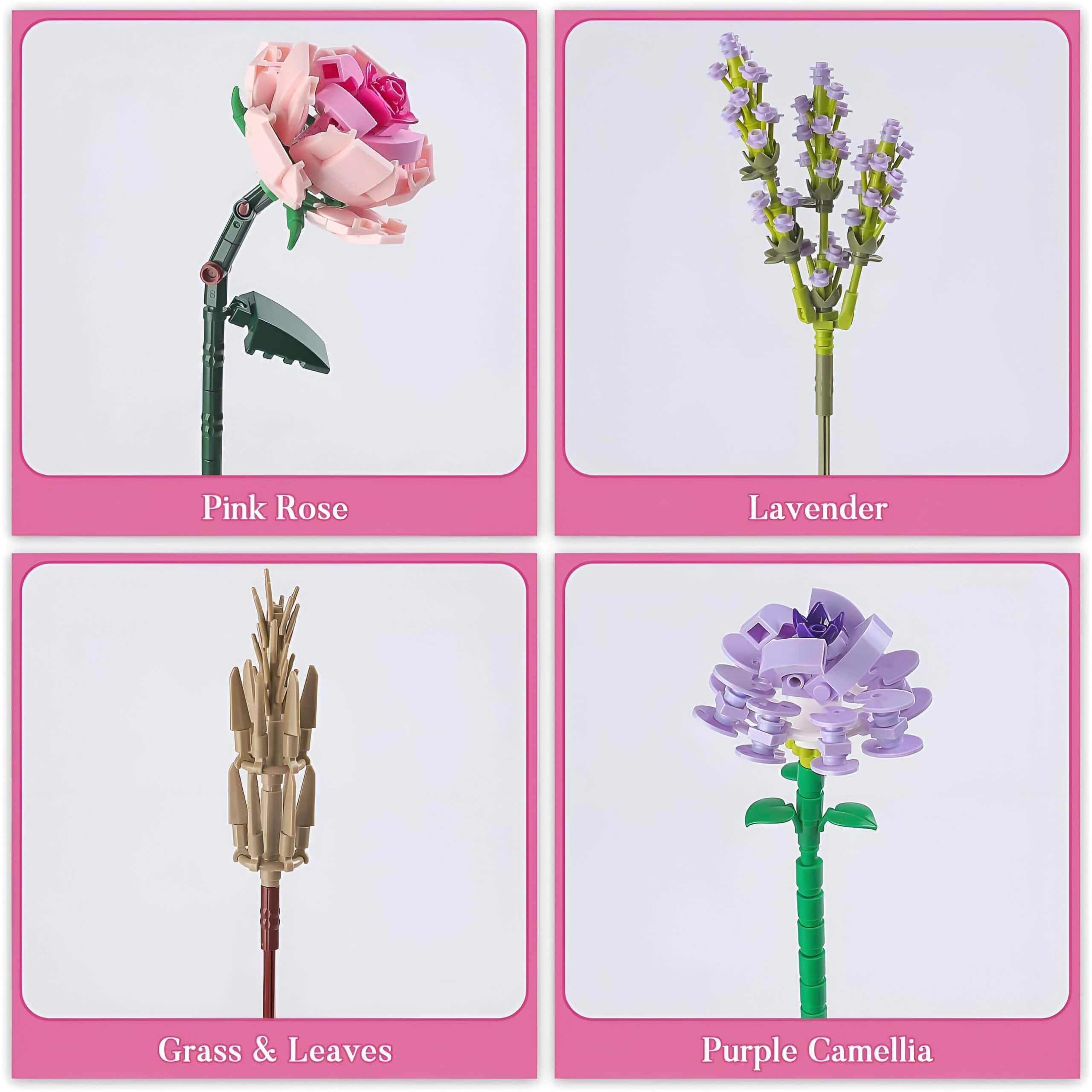 Pink flower made of LEGO bricks, artistic and colorful, suitable for floral-themed decor.