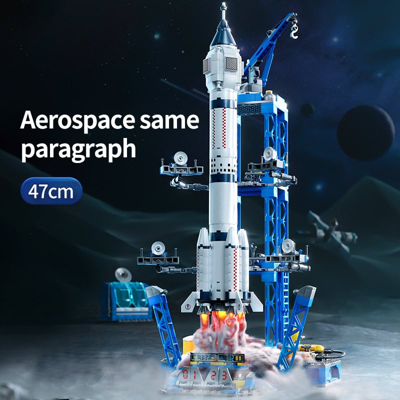 Aerospace model kit resembling a rocket launch with detailed structure and launch effects, set against space background. Perfect for STEM education and space enthusiasts.