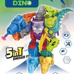 Colorful dinosaur-themed robot toy with 5-in-1 transformation features, perfect for kids' imaginative play and STEM learning. Durable plastic construction with vibrant colors and multiple modes.