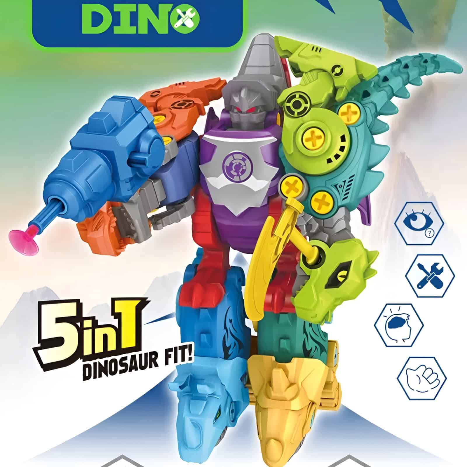 Colorful dinosaur-themed robot toy with 5-in-1 transformation features, perfect for kids' imaginative play and STEM learning. Durable plastic construction with vibrant colors and multiple modes.