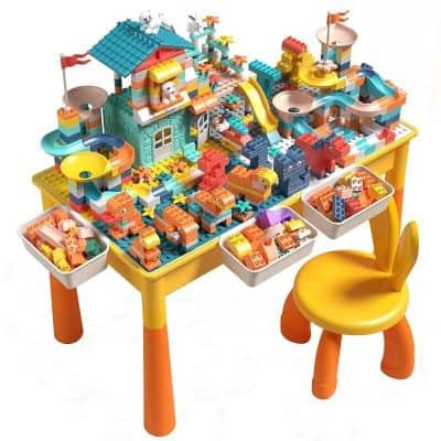 Colorful LEGO-style marble run and building block playset designed for children's entertainment and cognitive development. Perfect for imaginative play and educational activities.