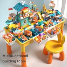 Colorful LEGO building block toy set on a yellow multifunctional table, designed for children to create imaginative structures and play. Ideal for kids' creative development and entertainment.