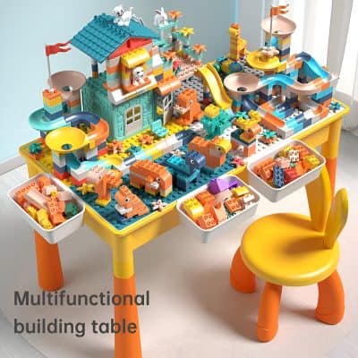 Colorful LEGO building block toy set on a yellow multifunctional table, designed for children to create imaginative structures and play. Ideal for kids' creative development and entertainment.
