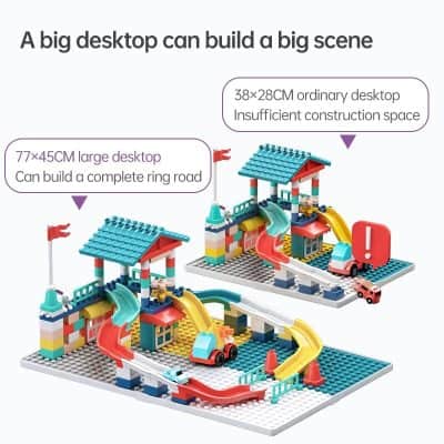 Colorful LEGO playset featuring slides, cars, and structures ideal for children's outdoor activities and imaginative play. Perfect for enhancing creativity and motor skills.