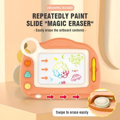 Colorful drawing board with magic eraser feature for kids, perfect for art, learning, and creative play. Easily erase and draw on the reusable surface, encouraging imagination and fine motor skills.