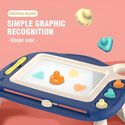 Colorful shape recognition game for children, featuring a toy drawing board with shape seals, designed to enhance visual and cognitive skills. Ideal for early childhood learning and development.