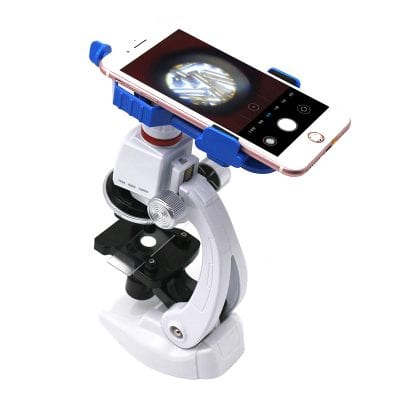 Microscope with smartphone adapter for telemedicine lens attachment for eye examination.