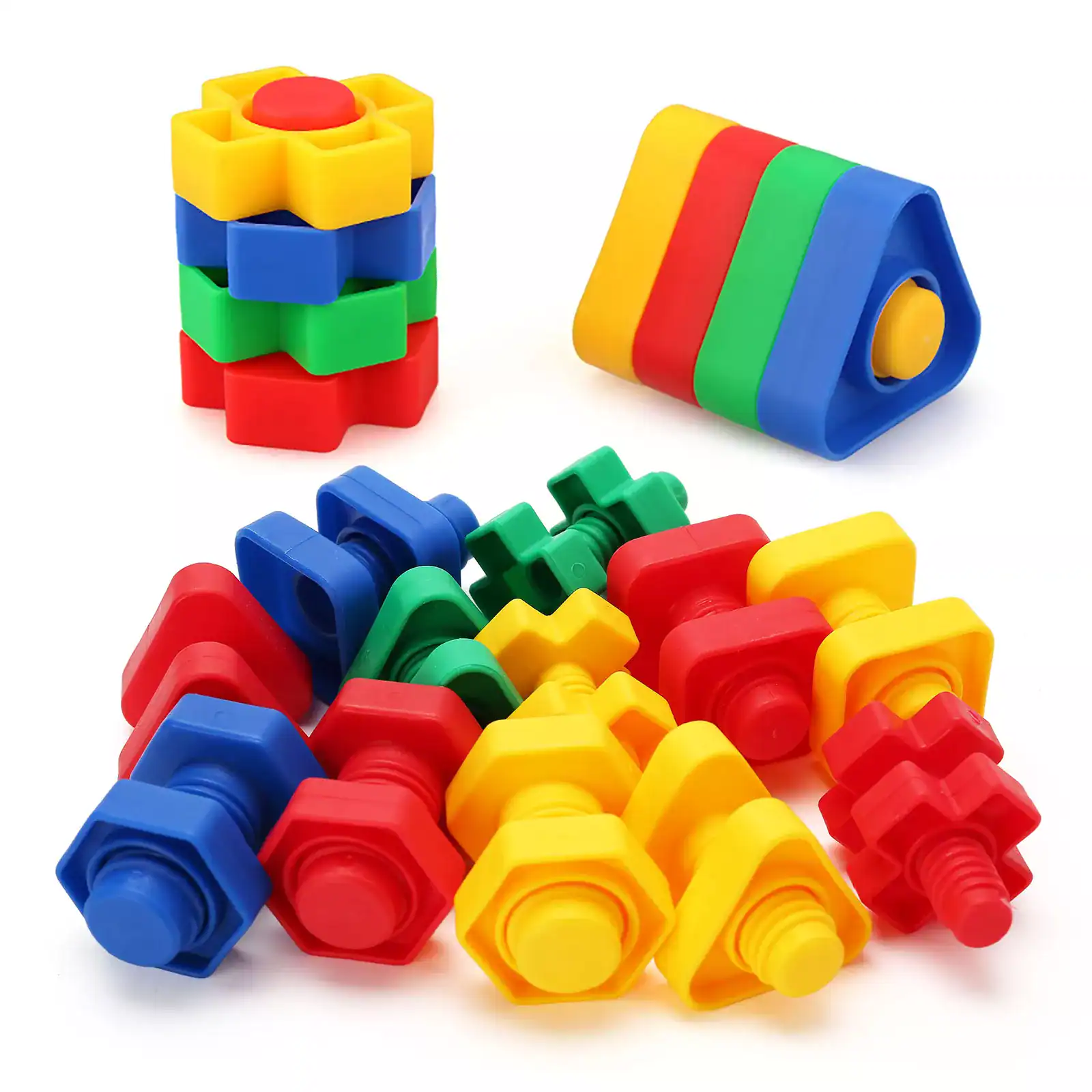Colorful plastic puzzle pieces and stacking game toys for children, ideal for developing fine motor skills and hand-eye coordination. Perfect educational toy for early childhood learning.