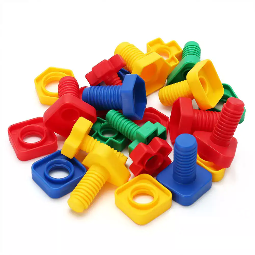 Bright colorful plastic screws and nuts set, educational and children’s toy for developing fine motor skills and hand-eye coordination. Perfect for STEM learning and educational activities.