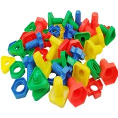 Plastic screws and nuts in bright red, blue, yellow, and green, used for educational and DIY projects, emphasizing children’s toys, classroom activities, and creative assembly.