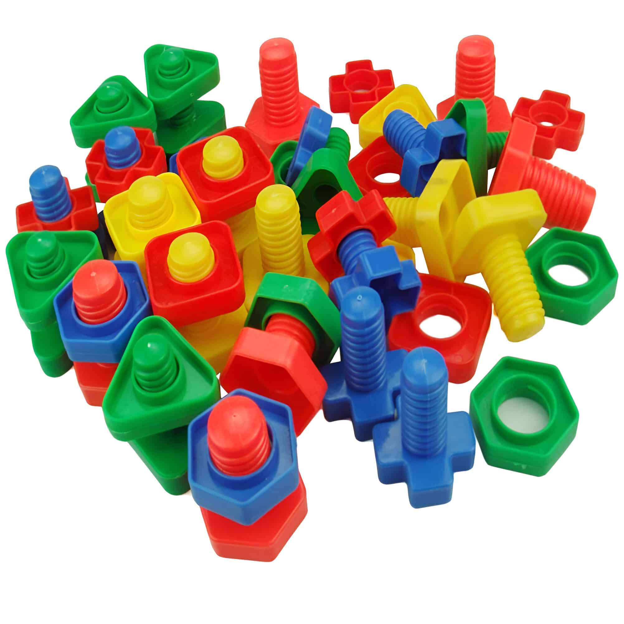 Colorful plastic screws and nuts for children's educational and toy construction sets.