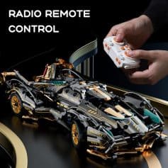 Detailed remote control robotic car with sleek black and gold design, featuring customizable parts and high-tech controls for advanced remote operation. Perfect for hobbyists and collectors.