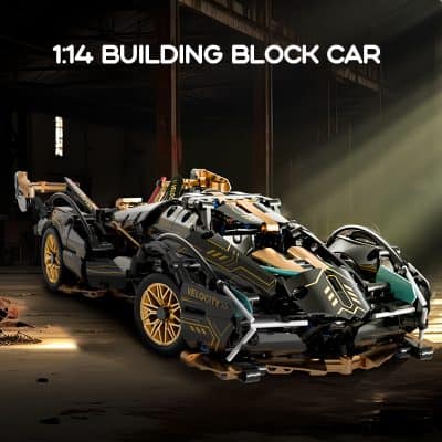 Futuristic black and gold building block car model with sleek design and intricate details, showcasing advanced toy vehicle for collectors and enthusiasts.