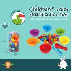 Color classification toys for kids, 36-piece sensory training set, bright plastic bowls, and tongs for children’s educational fun and developmental activities.