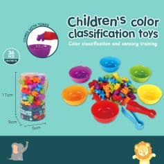 Color classification toys for children, featuring vibrant bowls, tongs, and animal-shaped pieces for sensory training and learning. Ideal for early development and color recognition activities.