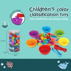 Color classification toys for children, set of 56 sensory toys with bowls and tongs for color sorting and visual training, perfect for early childhood education and development.