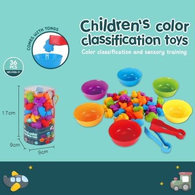 Colorful children's classification toys set with bowls and tongs, ideal for sensory training and color recognition development.