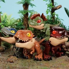 Colorful dinosaur-themed toys in a jungle setting for children's play and education.