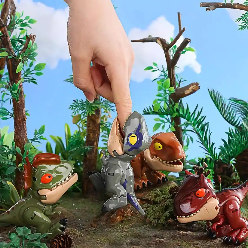 Mini dinosaur toy figures with robotic and realistic features, perfect for collection or educational play, set in a lush, toy jungle environment.