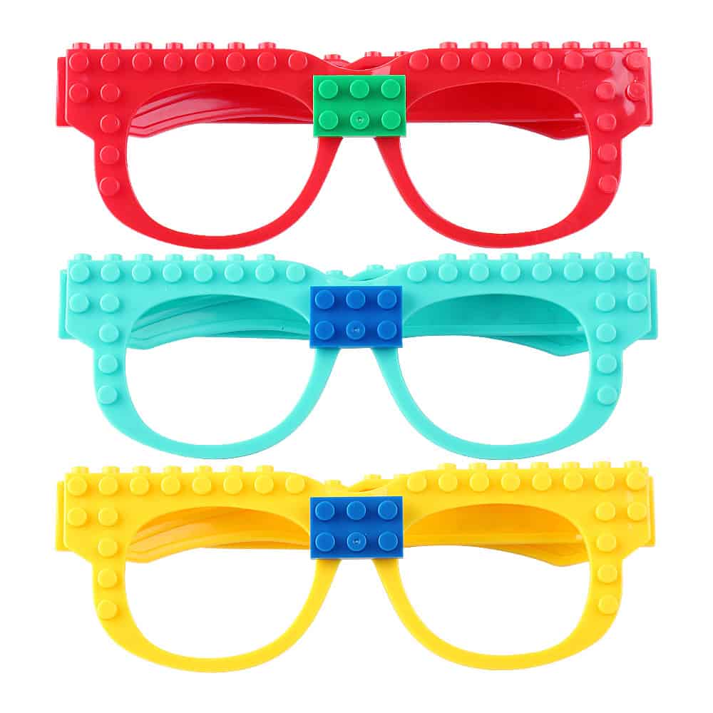 Colorful LEGO-style glasses for kids, playful design, ideal for eye care, optometry, and vision testing accessories. Bright, fun eyewear perfect for children’s optical needs.