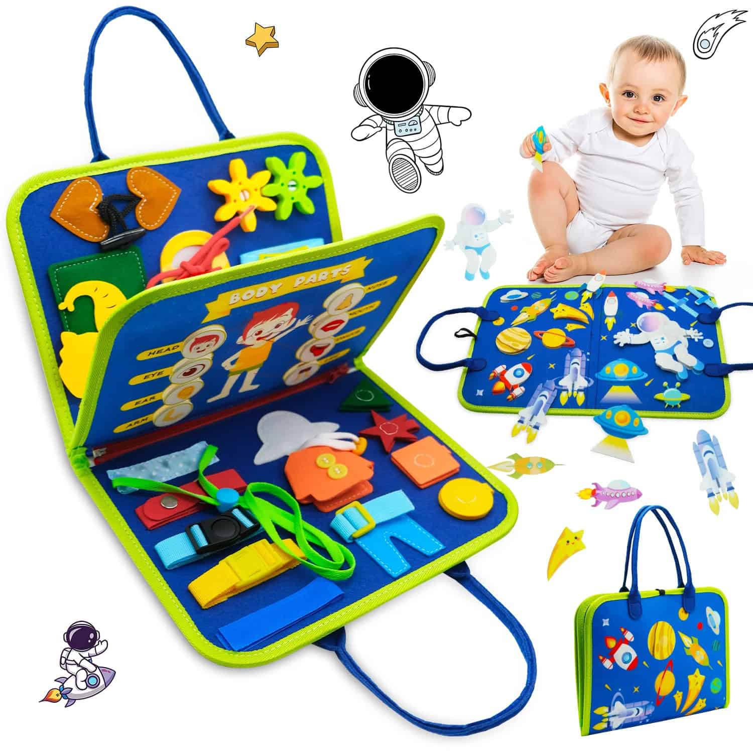 Colorful children's toy doctor kit with space-themed accessories and pretend play items, perfect for early childhood education and imaginative play.