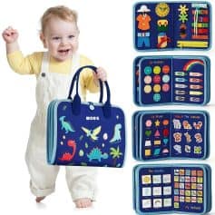 Bright blue educational activity carry case for kids featuring dinosaur illustrations, colorful learning charts, and interactive toys to promote early childhood education and development.