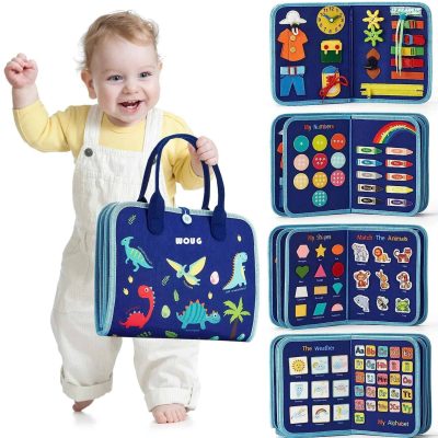 Bright blue educational activity carry case for kids featuring dinosaur illustrations, colorful learning charts, and interactive toys to promote early childhood education and development.