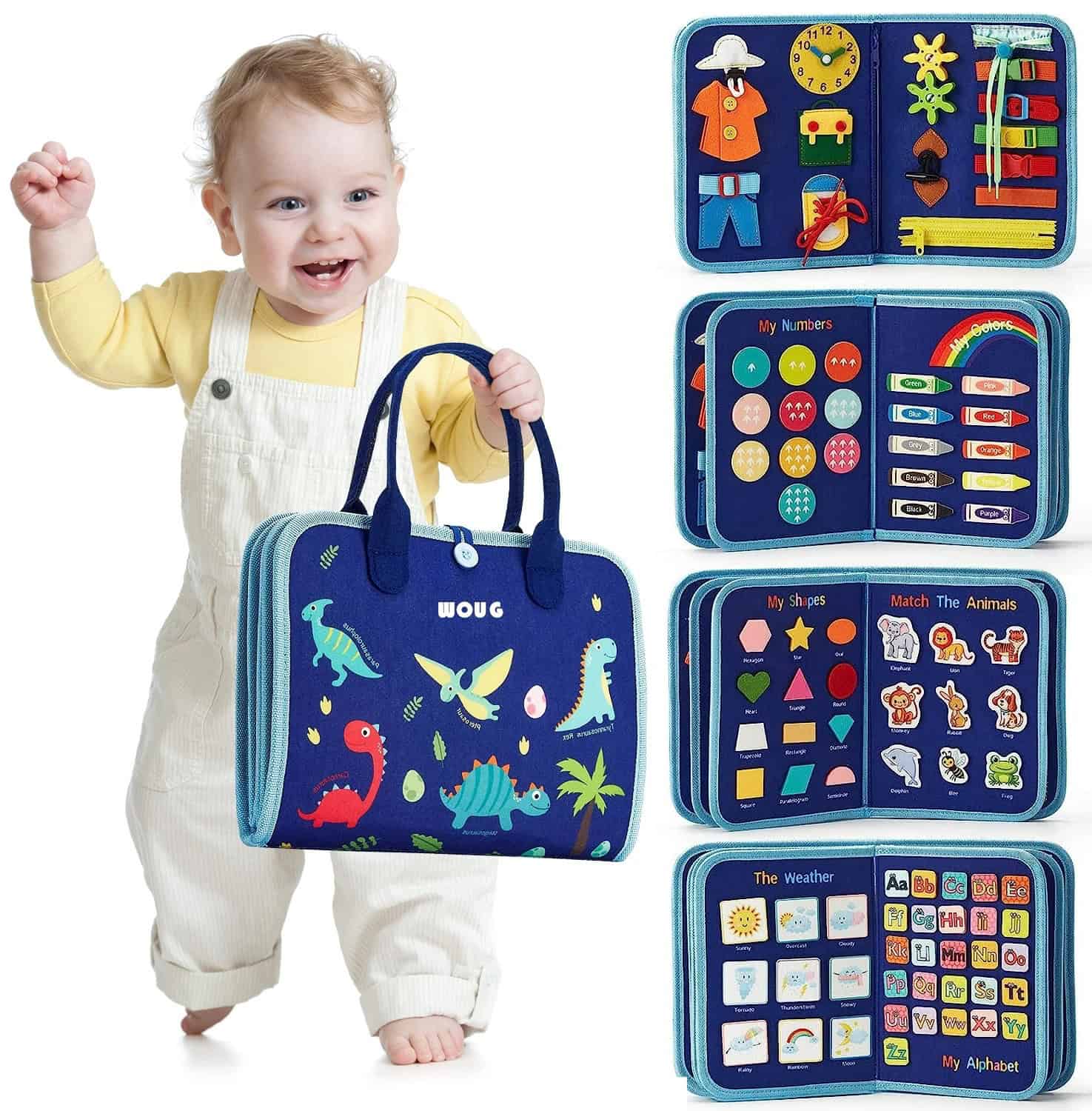 Bright blue educational activity carry case for kids featuring dinosaur illustrations, colorful learning charts, and interactive toys to promote early childhood education and development.