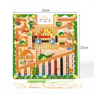 Colorful wooden maze game with multiple paths, beads, and balls for fun and educational play, perfect for kids to develop fine motor skills and hand-eye coordination.