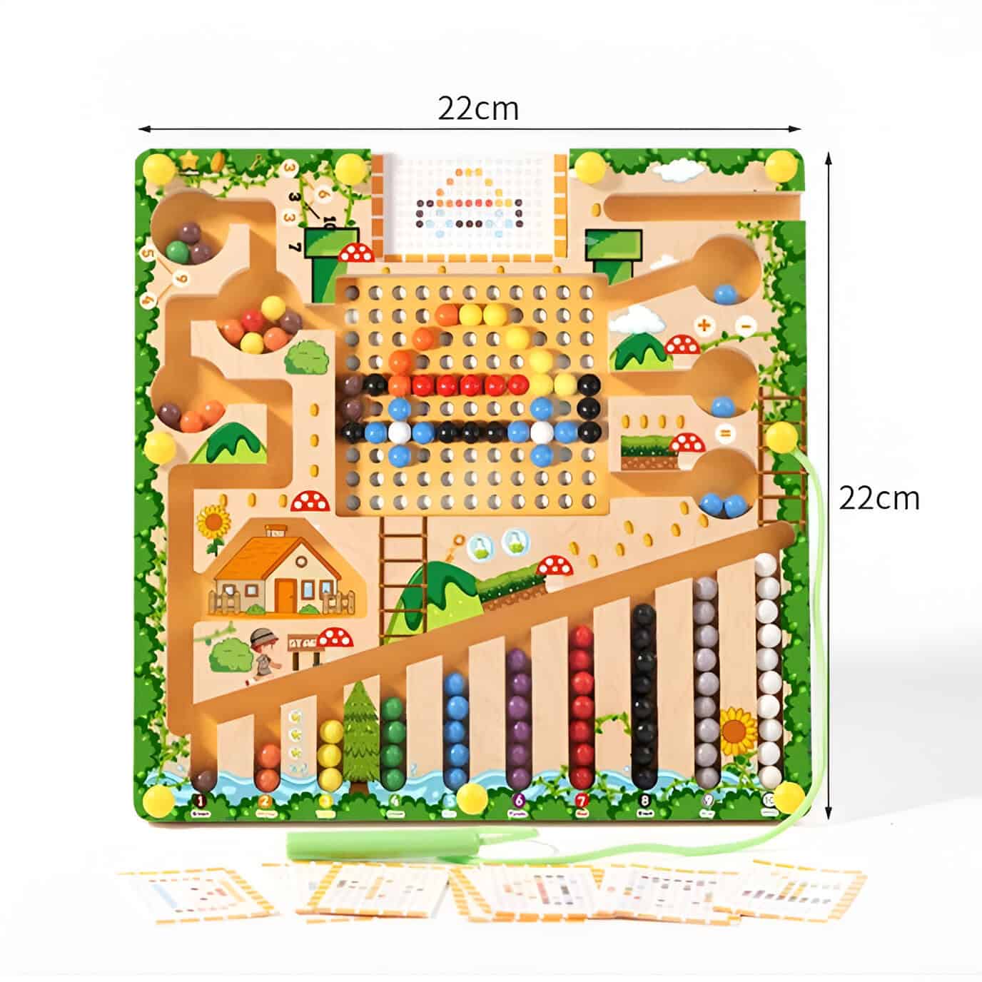 Colorful wooden maze game with multiple paths, beads, and balls for fun and educational play, perfect for kids to develop fine motor skills and hand-eye coordination.