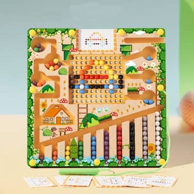Colorful wooden marble run game with maze, ramps, and cascading pathways, perfect for kids and family entertainment. Enhance fine motor skills with this engaging educational toy.