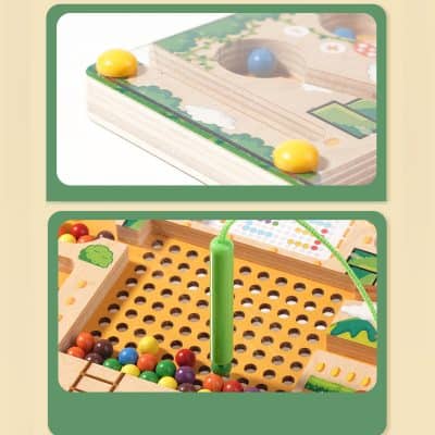 Wooden marble run game with colorful chutes and ball bearings for kids.
