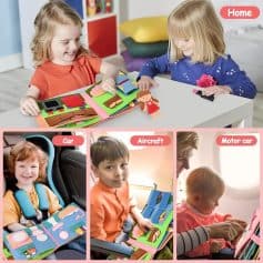Colorful felt storybook features kids engaged in imaginative play with various modes of transportation, including car, airplane, and motorcar, ideal for educational activities and children's entertainment.