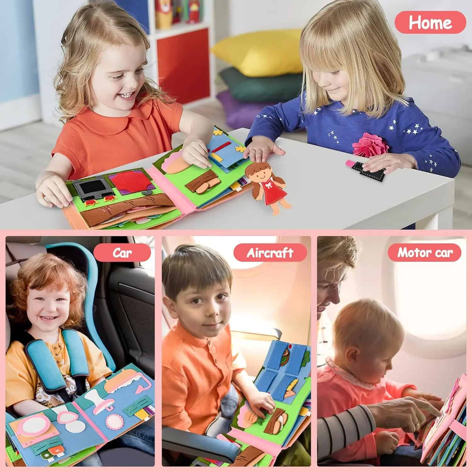 Colorful felt storybook features kids engaged in imaginative play with various modes of transportation, including car, airplane, and motorcar, ideal for educational activities and children's entertainment.