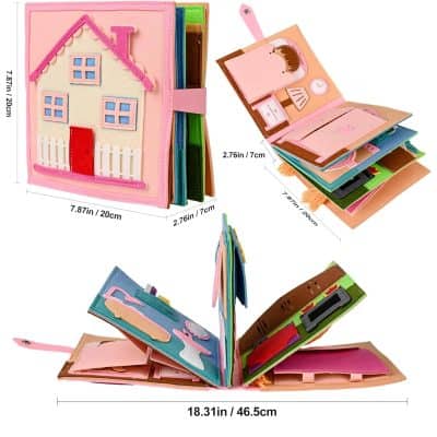 Pink felt dollhouse-inspired organizer for kids' arts and crafts, with multiple compartments and pockets for school supplies and recreational activities.