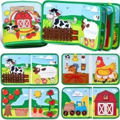 Colorful farm-themed fabric quiet book with zoo animals, vegetables, and farm scenes for children’s educational activities and storytelling. Perfect for early childhood learning and sensory play.
