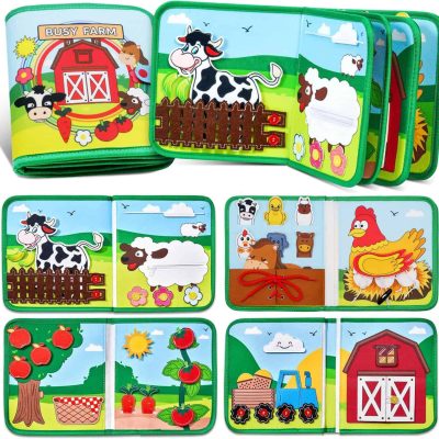 Colorful farm-themed fabric quiet book with zoo animals, vegetables, and farm scenes for children’s educational activities and storytelling. Perfect for early childhood learning and sensory play.