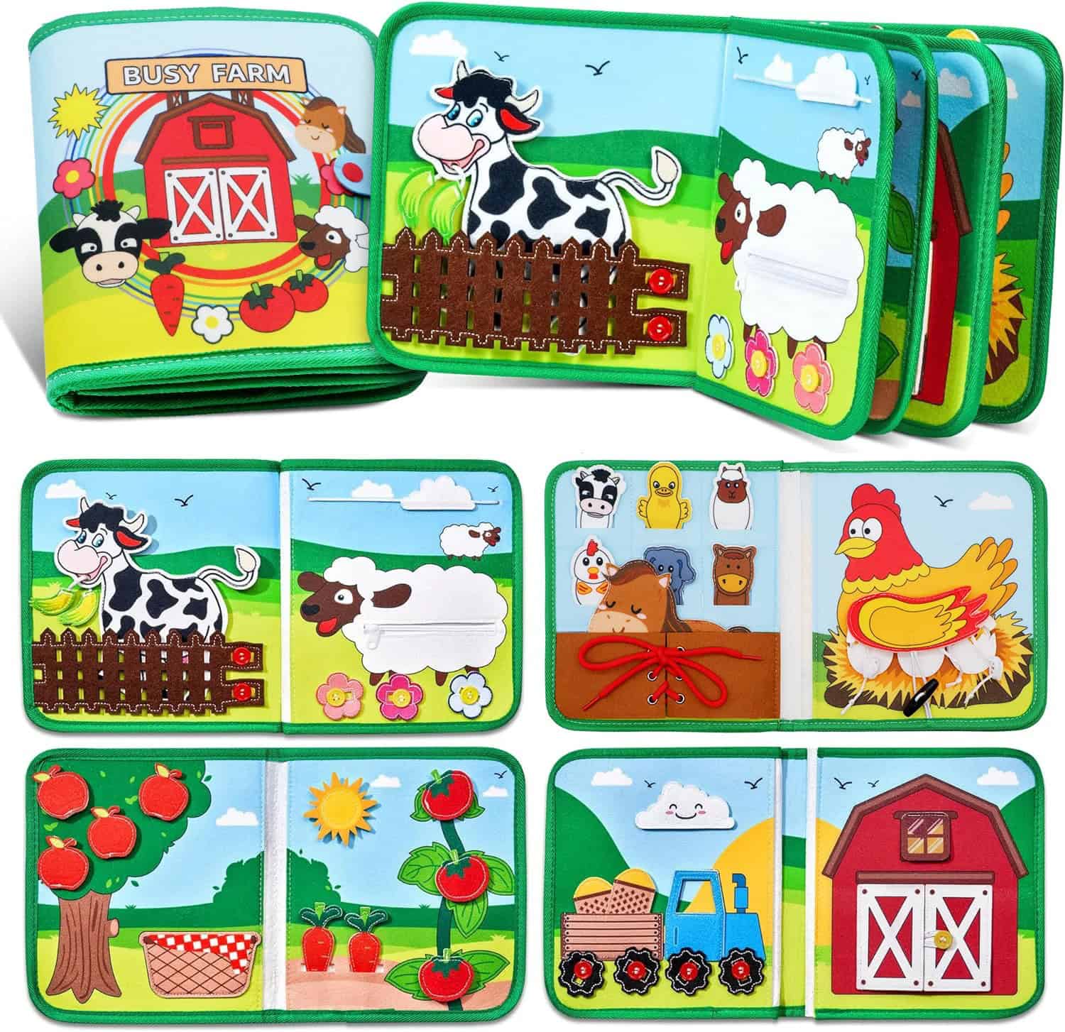 Colorful farm-themed fabric quiet book with zoo animals, vegetables, and farm scenes for children’s educational activities and storytelling. Perfect for early childhood learning and sensory play.