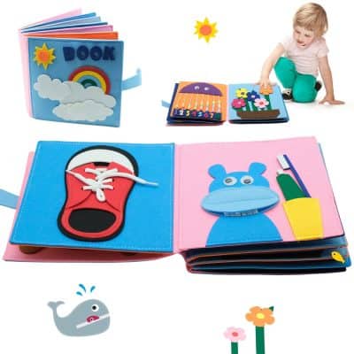 Colorful children's fabric activity book with interactive felt pages including shoe, animal, and flower designs, promoting early learning and sensory development for kids.