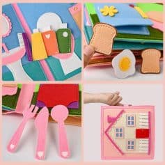 Felt educational toy set for children with colorful kitchen utensils, food items, and house accessories for imaginative play, safety tested and ideal for early childhood development.