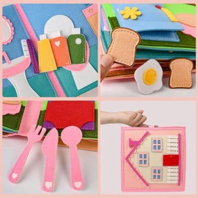 Felt educational toy set for children with colorful kitchen utensils, food items, and house accessories for imaginative play, safety tested and ideal for early childhood development.