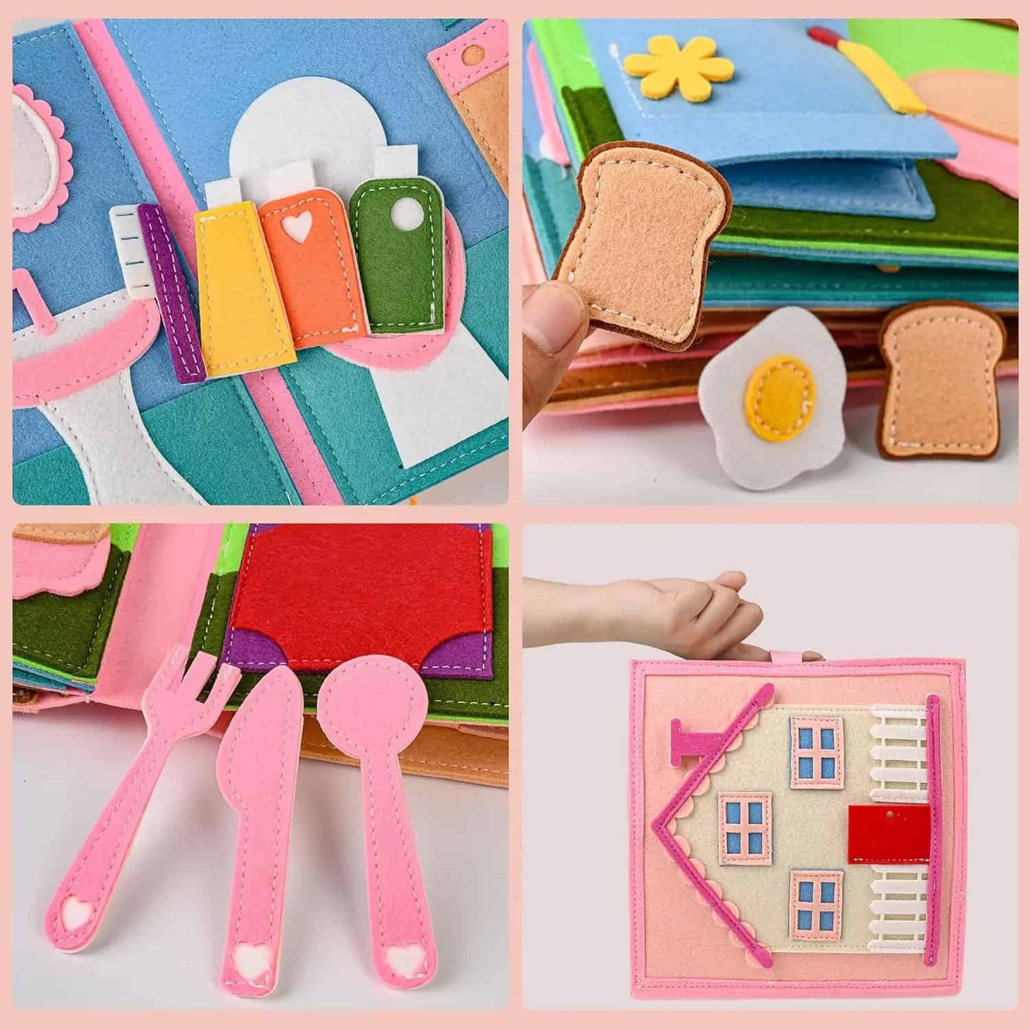 Felt educational toy set for children with colorful kitchen utensils, food items, and house accessories for imaginative play, safety tested and ideal for early childhood development.