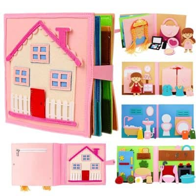 Sweet home felt playhouse with colorful interior scenes for kids dolls house pretend play.