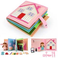 Colorful felt dollhouse toy set with miniature furniture, accessories, and characters, perfect for imaginative play and role-playing activities.