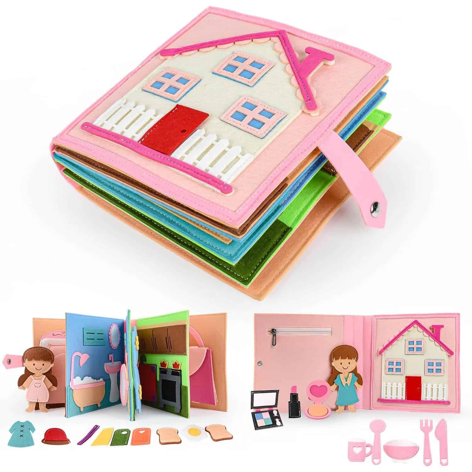 Colorful felt dollhouse toy set with miniature furniture, accessories, and characters, perfect for imaginative play and role-playing activities.