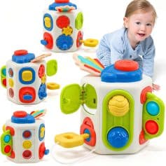 Colorful noisy activity cube toy for babies and toddlers, featuring flashing lights, sound buttons, and playful shapes to develop fine motor skills and sensory exploration.