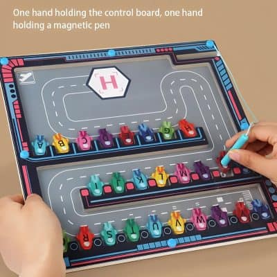 Colorful magnetic board game featuring lettered and numbered car pieces for children’s educational fun and cognitive skill development at Monalisa Store.